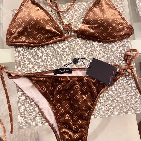 🤎 LOUIS VUITTON Monogram LV Velvet Brown Gold 3 Piece Bikini Swimsuit NEW - Picture 2 of 11